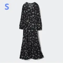 UNIQLO プリントVネックフレアワンピース S ブラック 花柄