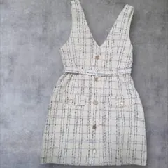 REDYAZEL アイボリー チェック柄 ツイード ノースリーブ ワンピース
