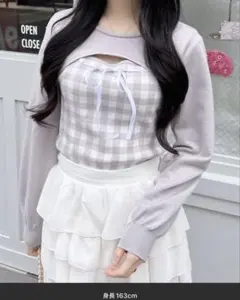 ボレロレイヤード風リボンギンガムチェックニット