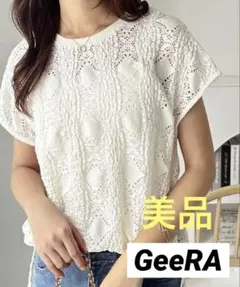 【美品】GeeRA ジーラ 総レースフレンチスリーブＴシャツ　ホワイト　ＸＬのサムネイル