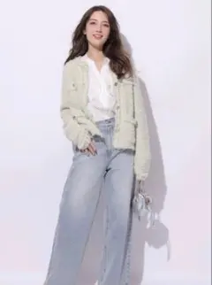 【新品未使用】アプワイザーリッシェ フリンジツイードニットジャケット　黄緑