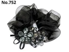 ハンドメイド お花 シュシュ ヘアゴム フラワー ビーズ ブラック752