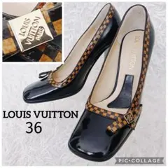 LOUIS VUITTON ダミエ　パンプス　パテントレザー　太ヒール　茶　36のサムネイル
