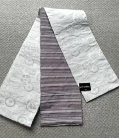 新品未使用　【半幅帯】　日本製　変わり花　オフ白x紫　リバーシブル　4m 細帯