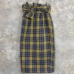 センスオブプレイス チェック柄 リボン付きタイトスカート S ミモレ丈