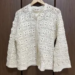 アイボリー レース編み カーディガン/ニット ハンドメイド