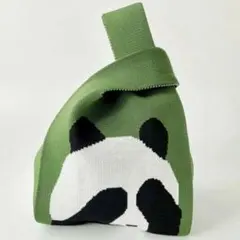 新品 ニットバック ミニトートバッグ サブバック グリーン パンダ