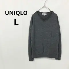 ユニクロ▶クルーネックニット グレー ウール100% 配色ライン L コラボ