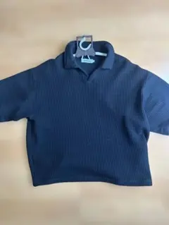 黒リブ編み半袖ポロシャツ