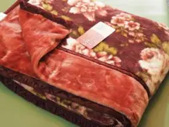 ふっくらボリューム暖か二重合わせ毛布濃色ローズ花柄シングルサイズ