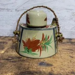 D-4 【希少・美品】沖縄 壺屋焼 末吉窯 抱瓶 だちびん おちょこ付 デイゴ柄
