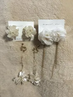 ホワイト花モチーフイヤリングセット ブライダル 結婚式 前撮り