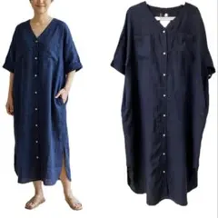 京都縮織 麻100% リネン 貝ボタン ロングワンピース サイドスリット