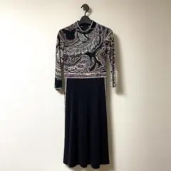 美品 レオナール ドレープネック 長袖ワンピース シルクウール