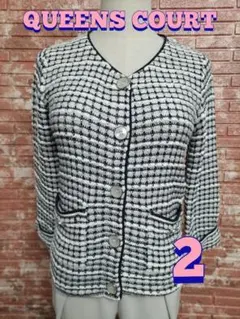 クイーンズコート ノーカラー ニット ジャケット 白黒 サイズ2(M)のサムネイル