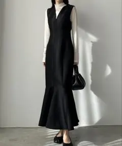 Louere 深Vネックツイードマーメイドジャンパースカート ブラック