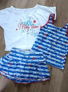 ボーダー＆星柄プリント水着3点セット　150cm【ホワイト&ブルー】