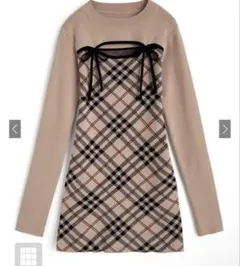 GRL チェック柄フロントオープンリボン ニットミニワンピース