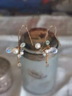 K14ムーンストーン ラブラドライト アイオライト ハンドメイドピアス＆チャーム