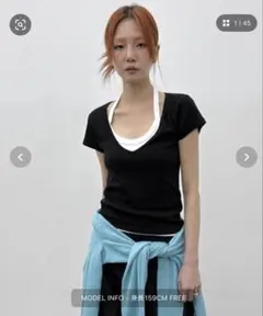 Blackupレイヤード風 Vネック 半袖 Tシャツ ブラックのサムネイル