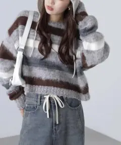 ニット セーター マルチボーダー短丈ニット レディース