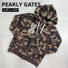 PEARLY GATES 迷彩カモフラ総柄 ジップフードパーカー にこちゃん刺繍