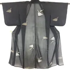 6k662 着物　正絹　夏物　薄物　黒　銀色　金色　柄物　和装