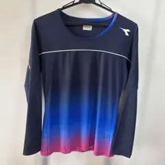 ディアドラ DIADORA テニスウエア長袖 Tシャツ L 紺×青×ピンク
