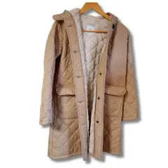 ベージュ キルティング カジュアル　ロングコート フード付き　裏起毛　冬