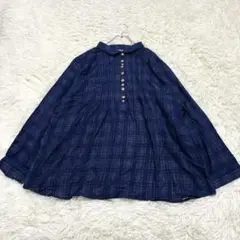 y7019 良品✨丸襟長袖シャツ 2XL 大きいサイズ ネイビー チェック柄
