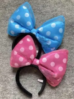 ディズニー　カチューシャ　ミニー　デカリボン　ドット　水玉　水色　ピンク　ビッグ