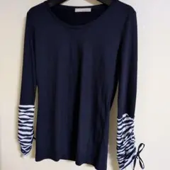 ネイビーお袖切り替え ストライプ 長袖TシャツM