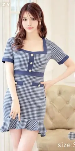 ギンガムチェックスクエアライン半袖マーメイドミニドレス