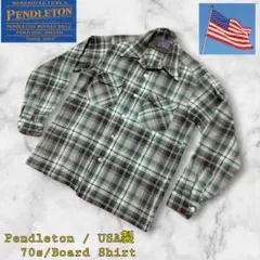 【USA製】【70s】Pendleton グリーン系チェック長袖ウールシャツ古着