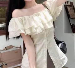 レディース オフショルダー ラッフルヘム スプリット カジュアル ブラウス