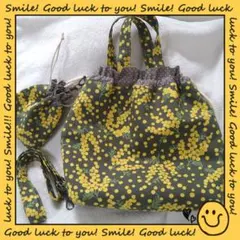 ✿ハンドメイド✿巾着トート＆巾着(ナスカン付き)✿ミモザ＆ドット柄