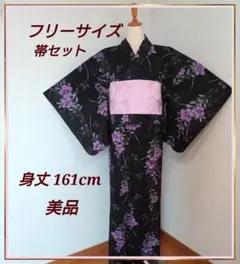 美品 レディース 浴衣帯セット 黒に紫 フリーサイズ★桔梗 作り帯