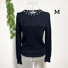 ミニマムミニマム・M ネイビー 長袖ニットセーター パール装飾