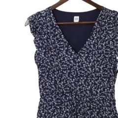 【極美品】ギャップ 小花柄ロングワンピース Vネック 上品ネイビー フェミニン