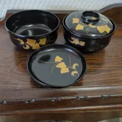漆器 菓子器 喰籠 2客 セット 扇面 松鶴蒔絵 漆塗り 蓋付き 煮物椀