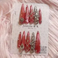 スーパーロングネイルチップ ギャルネイル マグネットレッドカラー ちゅるん