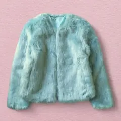 美品 フェイクファー ジャケット エコファー ショート丈 コート ノーカラー 青