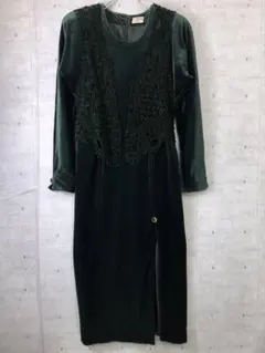 昭和レトロ古着 ベストレイヤードデザイン フラワーモチーフボタン ベロアワンピ