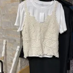 アイボリー レース編みニットベスト Tシャツセット Ｌ最終価格