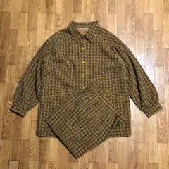 70〜80s 昭和 レトロ セットアップ 総柄 からし色 シャツ パンツ