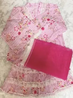 女の子　浴衣ドレス　120 花柄ピンク　帯付　お祭り　花火大会