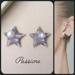 【一点物】パール付パープル＆グレー ボーダースター ピアス/イヤリング