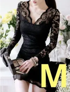 ワンピース　黒　タイト　ドレス　ミニ　丈　ブラック　М　サイズ 　長袖　パーティ