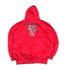 7AS12 バックプリント　ジップアップパーカー　ロック　赤　L 古着used