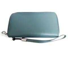 青緑 レザー 長財布 ジッパー式 カード大容量 使いやすい ストラップ付き可愛い